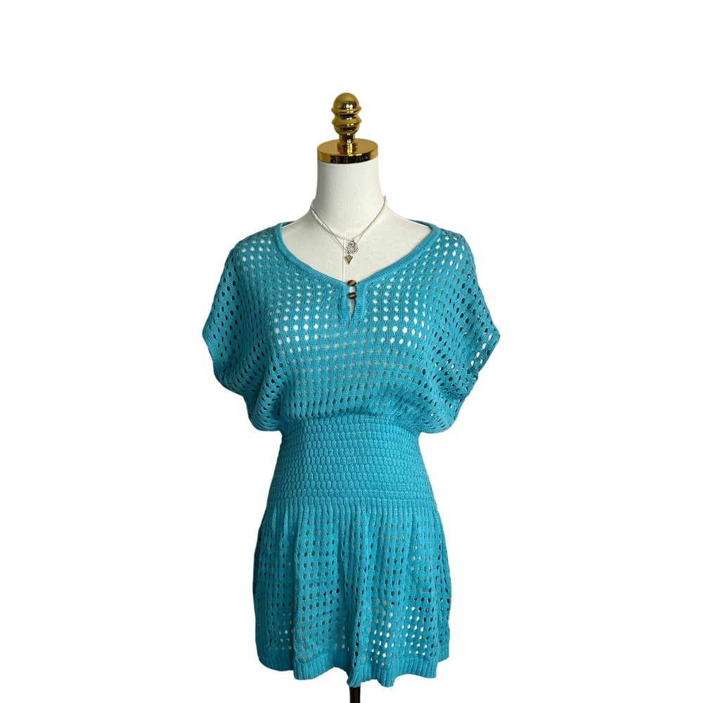 CUPSHE Teal Blue Crochet Knit Smocked Waist Mini Dress Beach Cover Up Women OS‎